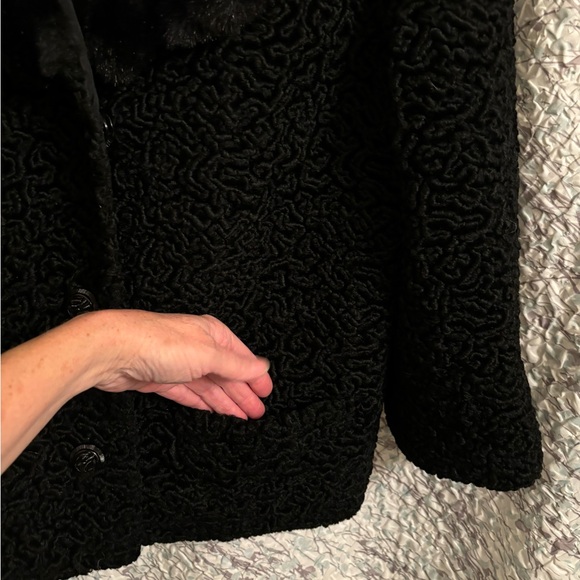 1950’s curly lambs wool jacket w fur collar Black Vintage - Picture 3 of 8